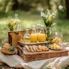 Fototapeta na wymiar Summer picnic with lemonade in a glass decanter, glasses of drink, plate with grapes and toast on a wooden tray located on a white blanket among green grass. catering with various food and drink