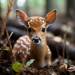 Photo of a young deer fawn with big doe eyes. Generative AI