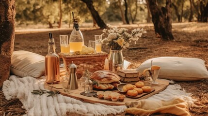 Picnic, food catering with assortment of food and light snacks, summer decor on green grass background. Concept: outdoor recreation, delicious food. Romantic lunch with scenery