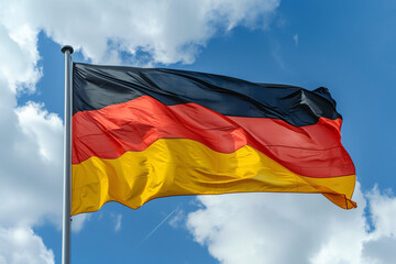 German flag waving in the wind in front of a blue sky