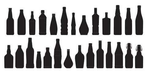 Bottle shape icon set. Beverage, drink, alcohol silhouette. Glass bottle symbol. Pub, bar concept. Brewery icon label design. Whiskey, vodka, cocktail, wine, beer, rum, cognac, martini, brandy bottles - obrazy, fototapety, plakaty