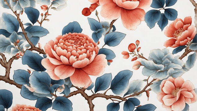 Fondo floral  vintage con flores y crisantemos al  estilo chiner&iacute;a o chinoiserie en colores rojos  y blanco  para decoraci&oacute;n de papel tapiz elegante y premium.