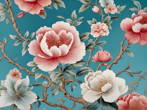 Fondo floral  vintage con flores y peonias al  estilo chinería o chinoiserie en colores verde azulados para decoración de papel tapiz elegante y premium.