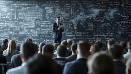 Man giving a lecture in front of a audience. He is presenting a subject with the help of a blackboard full of charts and stock market indicators. Professional expert teaching others. 