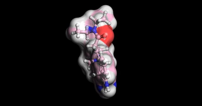 Lysergic acid diethylamide (LSD), hallucinogen and Schedule 1 drug, 3D molecule spinning 4K 