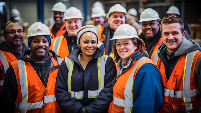 Portrait of a diverse and multicultural group of people, workers, happily smiling. They wear work clothes and helmets. 