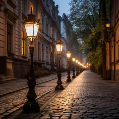 Old-fashioned street lamps lining a cobblestone street.