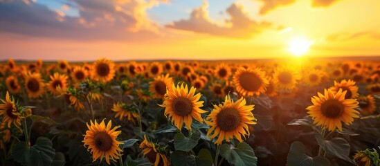 Sunflowers in a vast field at sunset under the open sky. - obrazy, fototapety, plakaty