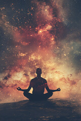 Silhouette of a person meditating in front of the universe, depicting spirituality and the concept of reaching enlightenment