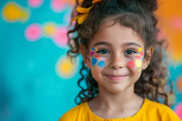Fotobehang Artist painting face of little girl indoors. little girl having her face painted for kids party. carnival family lifestyle Face painting, headshot close up. A happy little girl painted with colorful  © Nataliia_Trushchenko