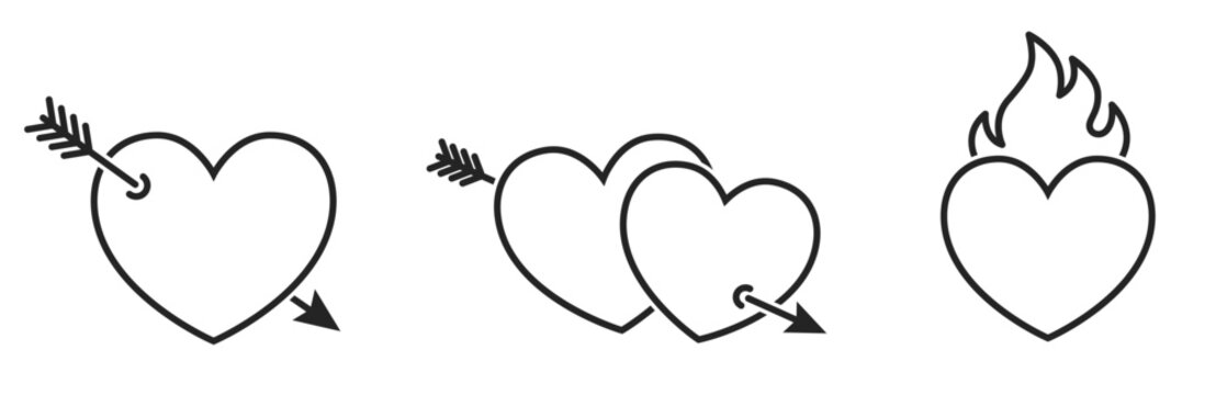 hearts with arrow and flaming heart line icons. love and romantic symbols. vector elements for valentines day design