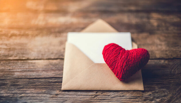 Red heart and envelope on vintage table, conveying love message for Valentines Day