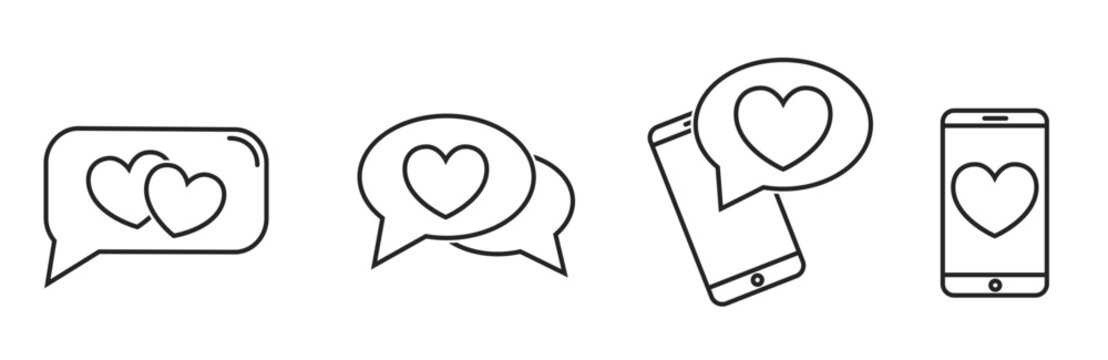 love message line icon set. chat bubble with heart. love phone conversation symbols. vector images for valentines design