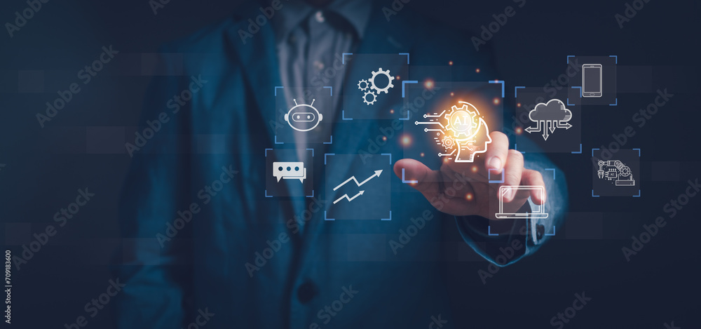 Poster concept of ai intelligent technology or digital transformation management,chat with ai. businessman 