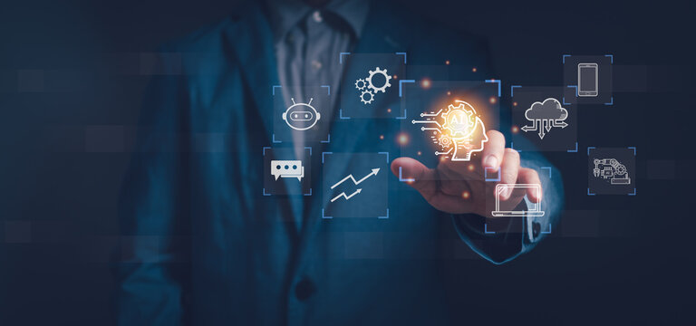 concept of Ai intelligent technology  or digital transformation management,Chat with AI. Businessman hand tapping to manage big data and business process with technological innovations of future