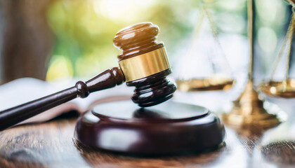 gavel resting on a wooden block, symbolizing authority and justice in a legal setting