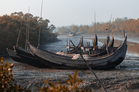 Traditional wooden boats in Cox's Bazar Ghat in Bangladesh