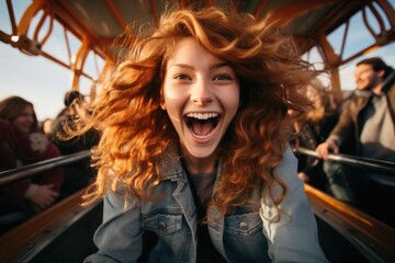 woman jumping on the roller coaster and look happy, 