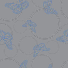 Vector seamless pattern. A pattern with blue butterflies, hand-drawn in a simple style and circles on a gray background for printing and fabrics, design, typography