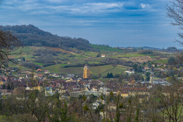 Fototapeta na wymiar Vineyards with Arbois town, Department Jura, Franche-Comte, France