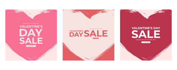 Valentine's Day Sale Set. Commercial backgrounds with brush stroke heart shape for business, Valentines Day shopping promotion and advertising. Vector illustration.