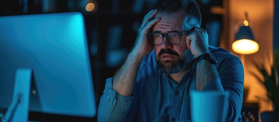 An overweight Hispanic man with a beard working at the office late at night, feeling skeptical, nervous, and upset due to a problem, exhibiting negativity.