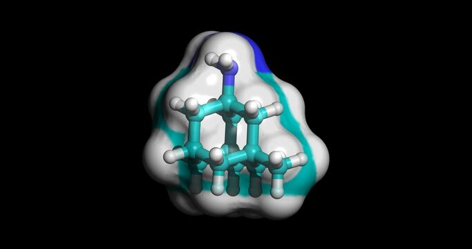 Memantine, drug against dementia and Alzheimer's disease, 3D molecule spinning on Y-axis, 4K
