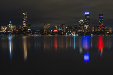 Boston skyline in the evening across Charles River, shot from Cambridge