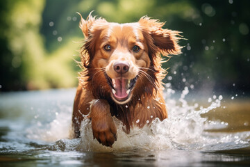 Happy dog playing in the water in summer. Adventures with your dog