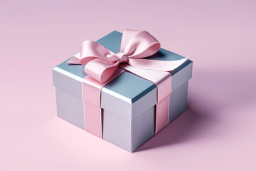 Obraz premium Shiny silver present gift box with pink ribbon bow on pink background, birthday and Valentines day special promotion offer concept.