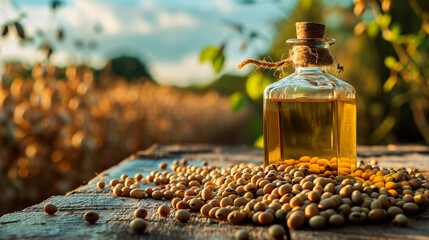 Soybean oil on a table in the garden. Selective focus. - obrazy, fototapety, plakaty