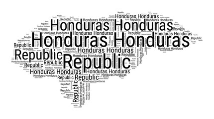 Black and white word cloud in Honduras shape. Simple typography style country illustration. Plain Honduras black text cloud on white background. Vector illustration.