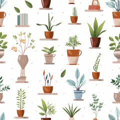 plants in pot seamless pattern on light color background