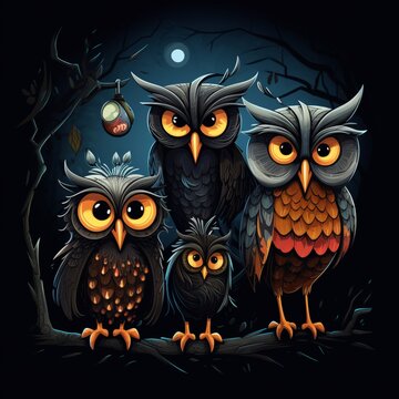 group of four owls perched on a tree branch