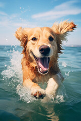 Happy dog playing in the water in summer. Adventures with your dog