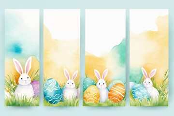 Easter watercolor banner illustration of eggs, bunny, flowers colorful, isolated, white background. Generative Ai