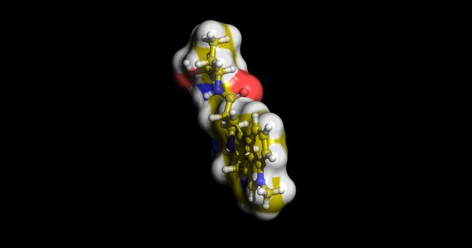 Methysergide, drug for migraine and cluster headaches, 3D molecule spinning on Y axis, 4K 