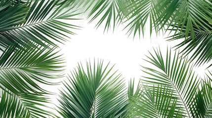 Fototapeta na wymiar Overlay texture border of fresh green tropical plants with palm tree leaves isolated on transparent background. PNG file, cut out