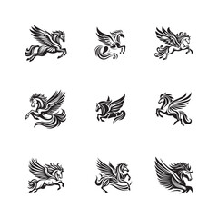 Majestic Flight, Nine Pegasus Silhouettes Soaring
