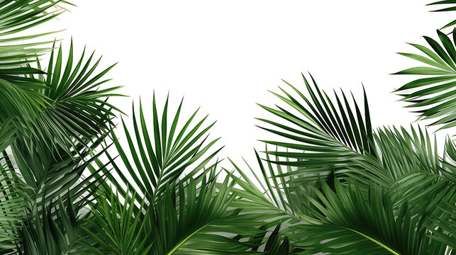 Overlay texture border of fresh green tropical plants with palm tree leaves isolated on transparent background. PNG file, cut out