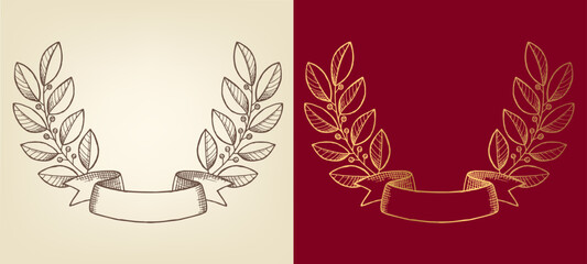 Two Laurel wreath drawings. Vector Illustration.