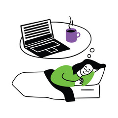 Cartoon Color Web Development Concept Scene with Character Girl Dreams about Website Programming Flat Design Style. Vector illustration