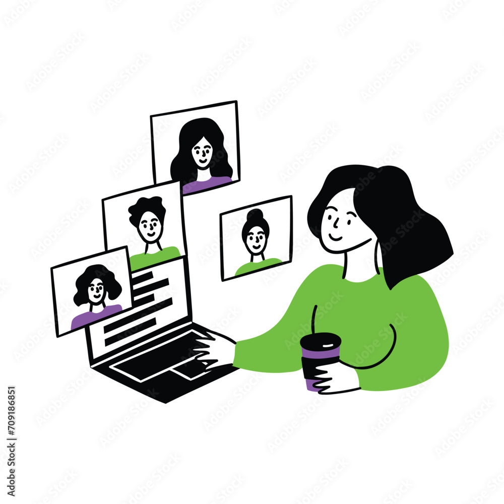 Sticker Cartoon Color Web Development Concept Scene with Character Girl Online Meeting or Conference Flat Design Style. Vector illustration