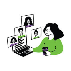 Cartoon Color Web Development Concept Scene with Character Girl Online Meeting or Conference Flat Design Style. Vector illustration