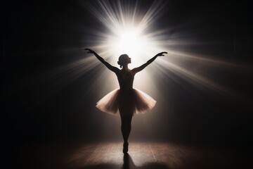 A ballerina in a spotlight on a dark stage.