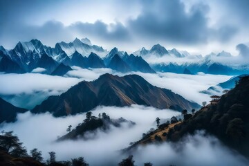 Fototapeta na wymiar Surreal Himalaya Mountains immersed in swirling mist, with mystical shapes and contours of the peaks emerging through the haze, the environment transformed into an otherworldly dreamscape