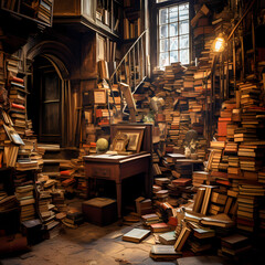 An old bookshop with books stacked haphazardly on worn shelves.
