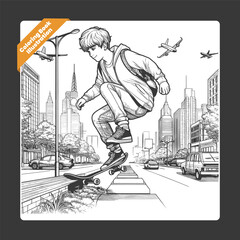 Vector cute coloring book illustration of kids playing  skateboard