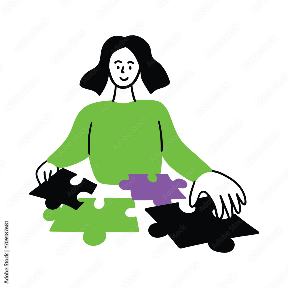 Poster cartoon color web development concept scene with character girl and puzzle elements flat design styl