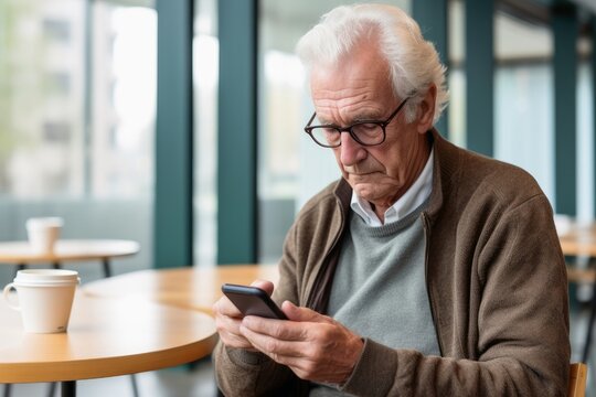 A pensioner looks skeptically at his smartphone.